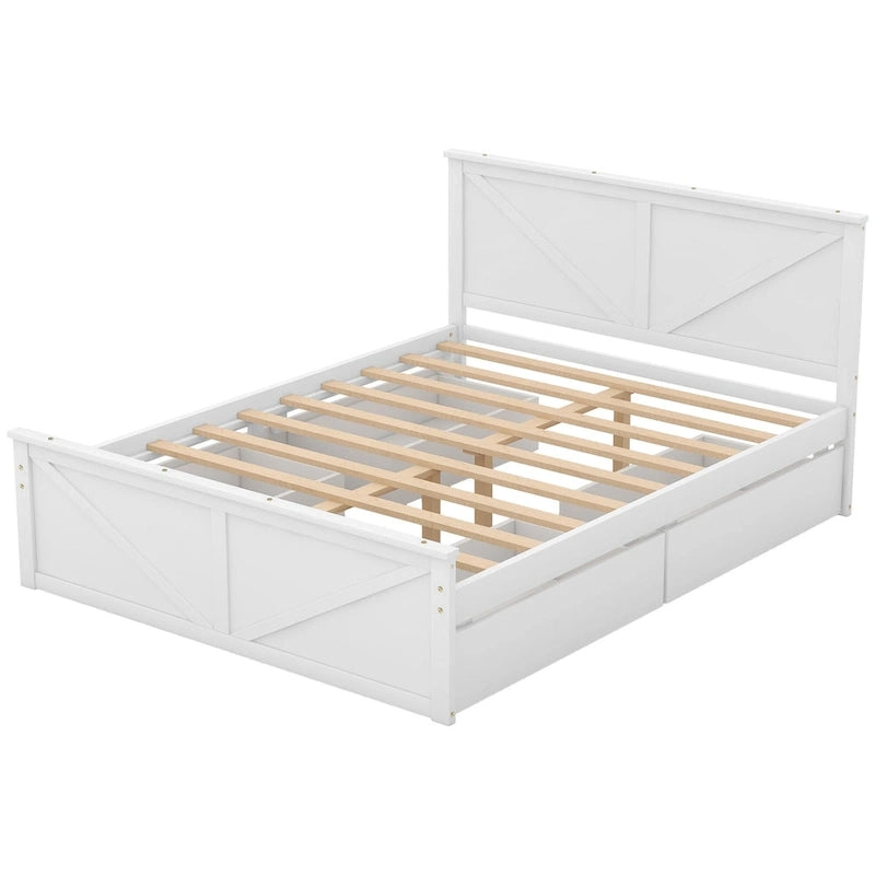 Cama Queen Antigüedad Blanca con Plataforma, 4 Cajones de Almacenamiento y Cabecera, Para 1-2