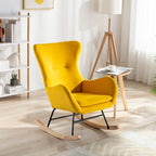Mecedora individual tapizada de respaldo alto, color amarillo, con estructura de metal y patas de madera de caucho