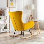 Mecedora individual tapizada de respaldo alto, color amarillo, con estructura de metal y patas de madera de caucho