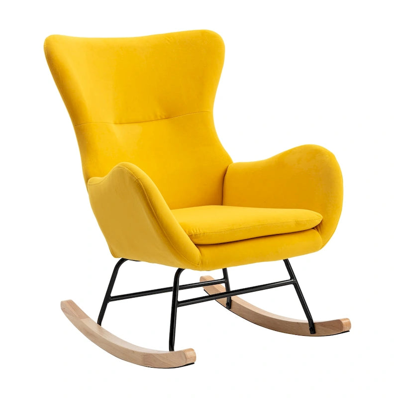 Mecedora individual tapizada de respaldo alto, color amarillo, con estructura de metal y patas de madera de caucho