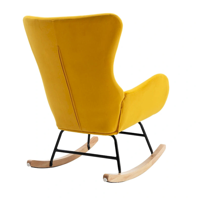 Mecedora individual tapizada de respaldo alto, color amarillo, con estructura de metal y patas de madera de caucho