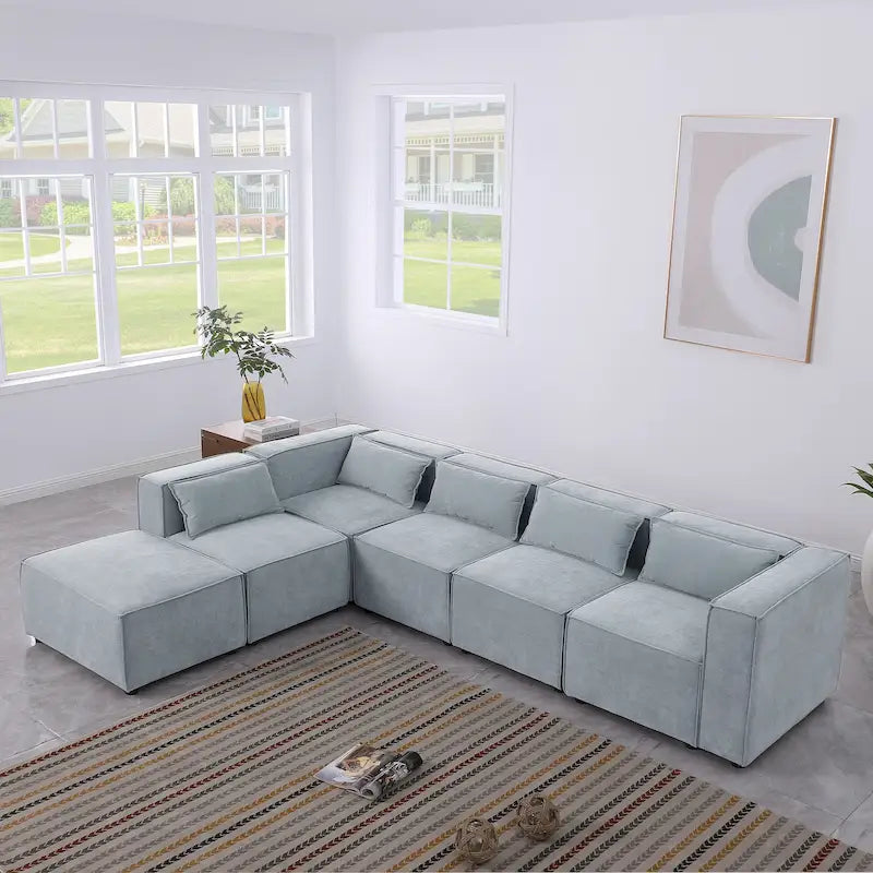Sofá modular seccional de chenilla gris azulado/blanco, configuraciones de 2 a 6 plazas