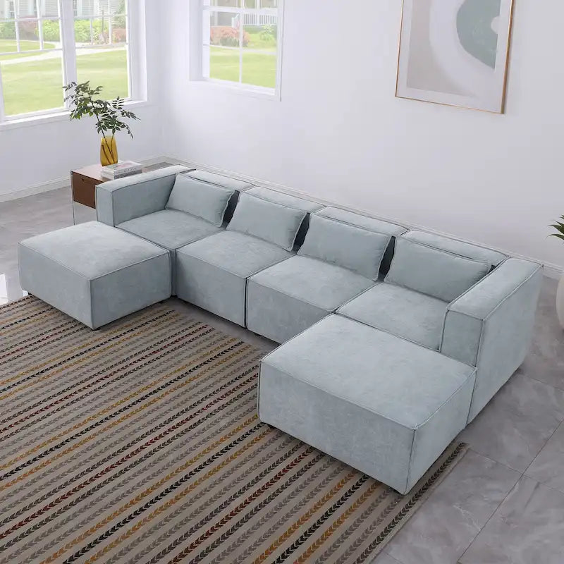 Sofá modular seccional de chenilla gris azulado/blanco, configuraciones de 2 a 6 plazas