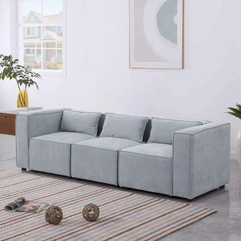 Sofá modular seccional de chenilla gris azulado/blanco, configuraciones de 2 a 6 plazas