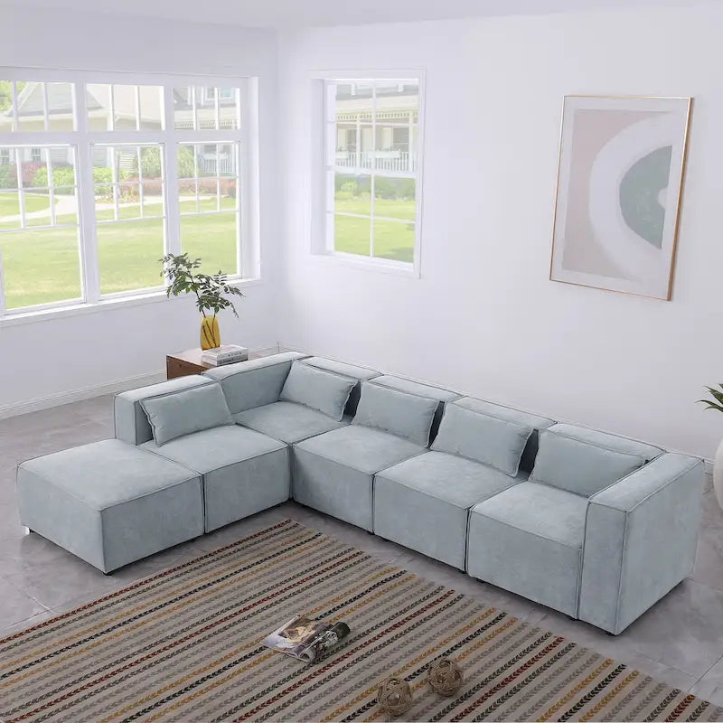 Sofá modular seccional de chenilla gris azulado/blanco, configuraciones de 2 a 6 plazas