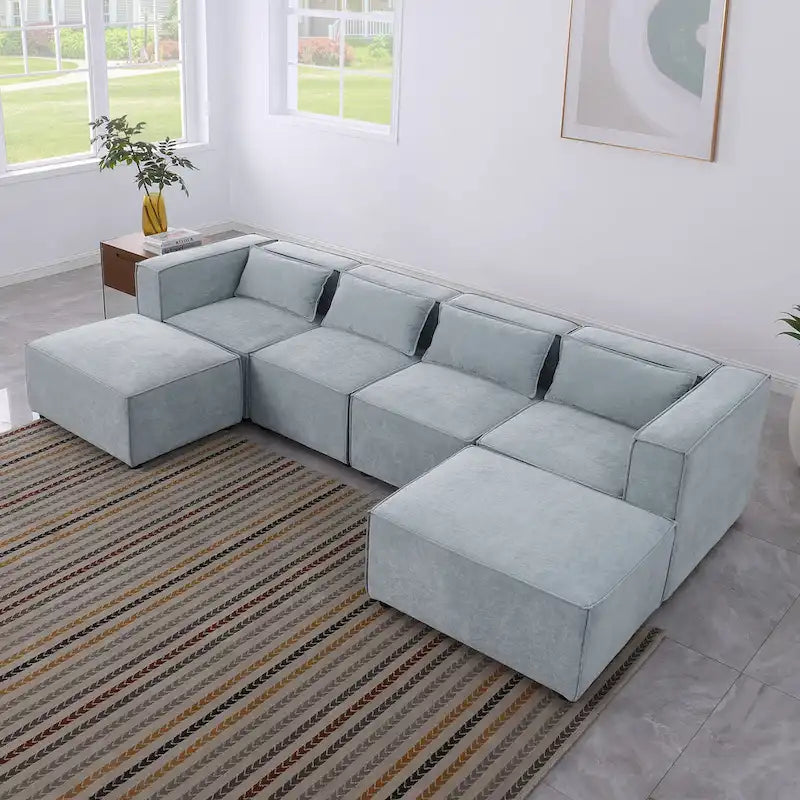 Sofá modular seccional de chenilla gris azulado/blanco, configuraciones de 2 a 6 plazas