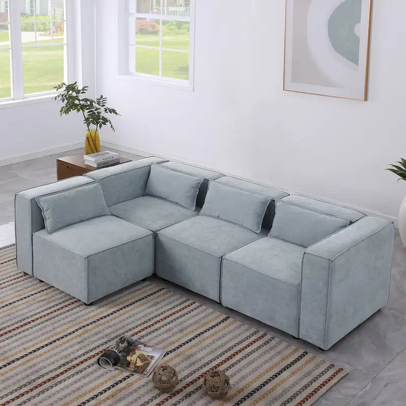Sofá modular seccional de chenilla gris azulado/blanco, configuraciones de 2 a 6 plazas