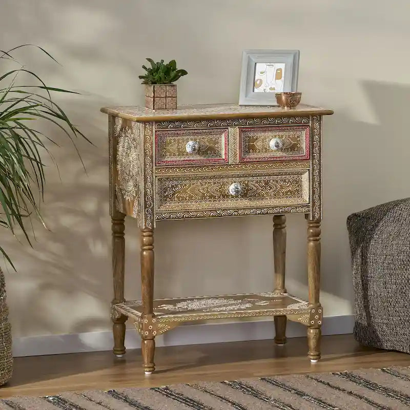Mesa auxiliar de madera de mango natural, pintada a mano estilo bohemio, 3 cajones, individual