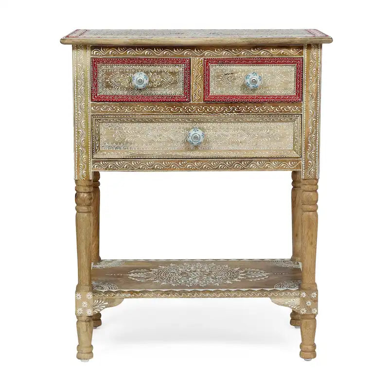 Mesa auxiliar de madera de mango natural, pintada a mano estilo bohemio, 3 cajones, individual