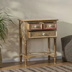 Mesa auxiliar de madera de mango natural, pintada a mano estilo bohemio, 3 cajones, individual