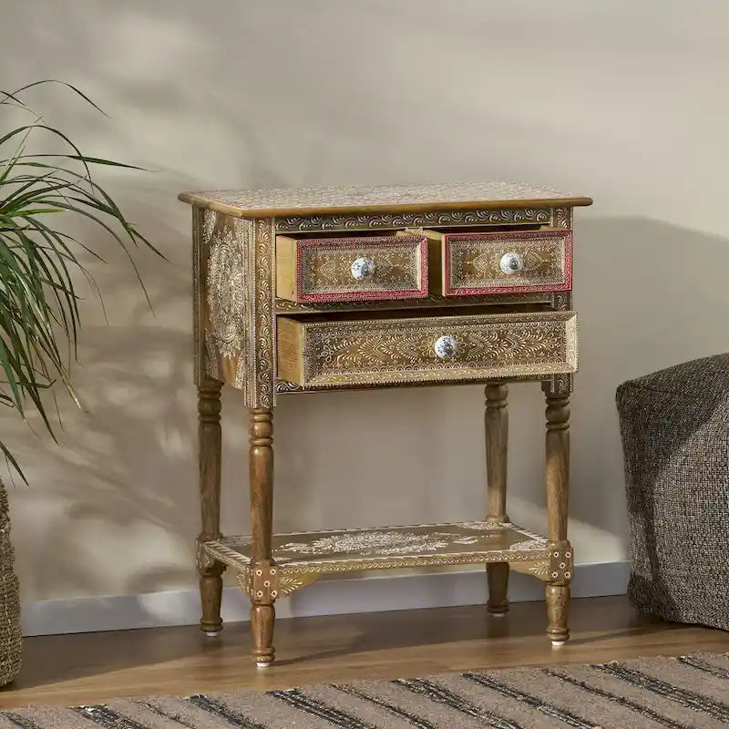 Mesa auxiliar de madera de mango natural, pintada a mano estilo bohemio, 3 cajones, individual