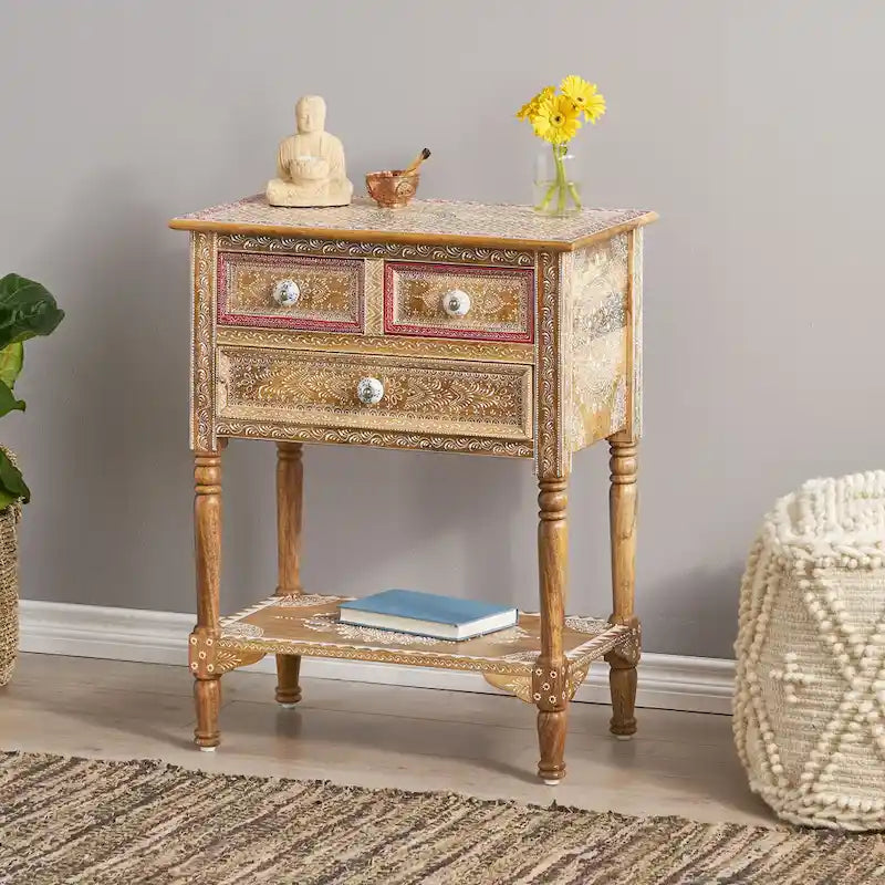 Mesa auxiliar de madera de mango natural, pintada a mano estilo bohemio, 3 cajones, individual