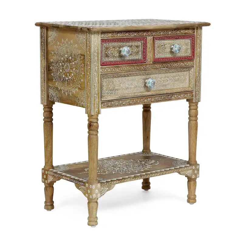 Mesa auxiliar de madera de mango natural, pintada a mano estilo bohemio, 3 cajones, individual