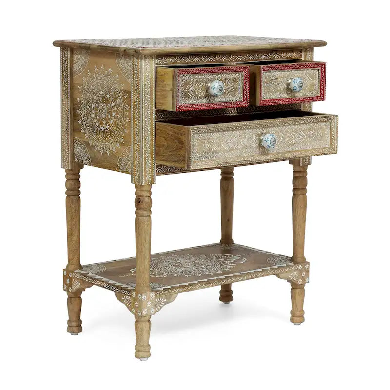 Mesa auxiliar de madera de mango natural, pintada a mano estilo bohemio, 3 cajones, individual