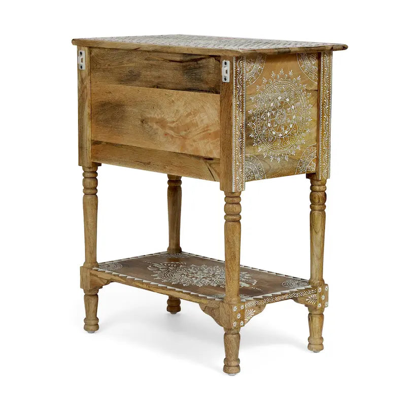 Mesa auxiliar de madera de mango natural, pintada a mano estilo bohemio, 3 cajones, individual