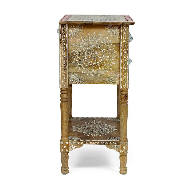 Mesa auxiliar de madera de mango natural, pintada a mano estilo bohemio, 3 cajones, individual