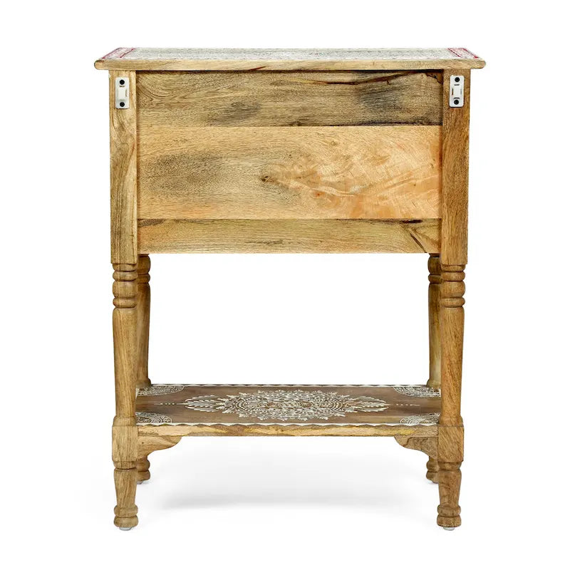 Mesa auxiliar de madera de mango natural, pintada a mano estilo bohemio, 3 cajones, individual
