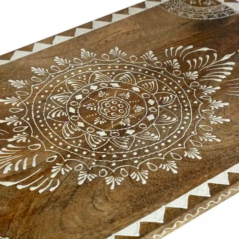 Mesa auxiliar de madera de mango natural, pintada a mano estilo bohemio, 3 cajones, individual