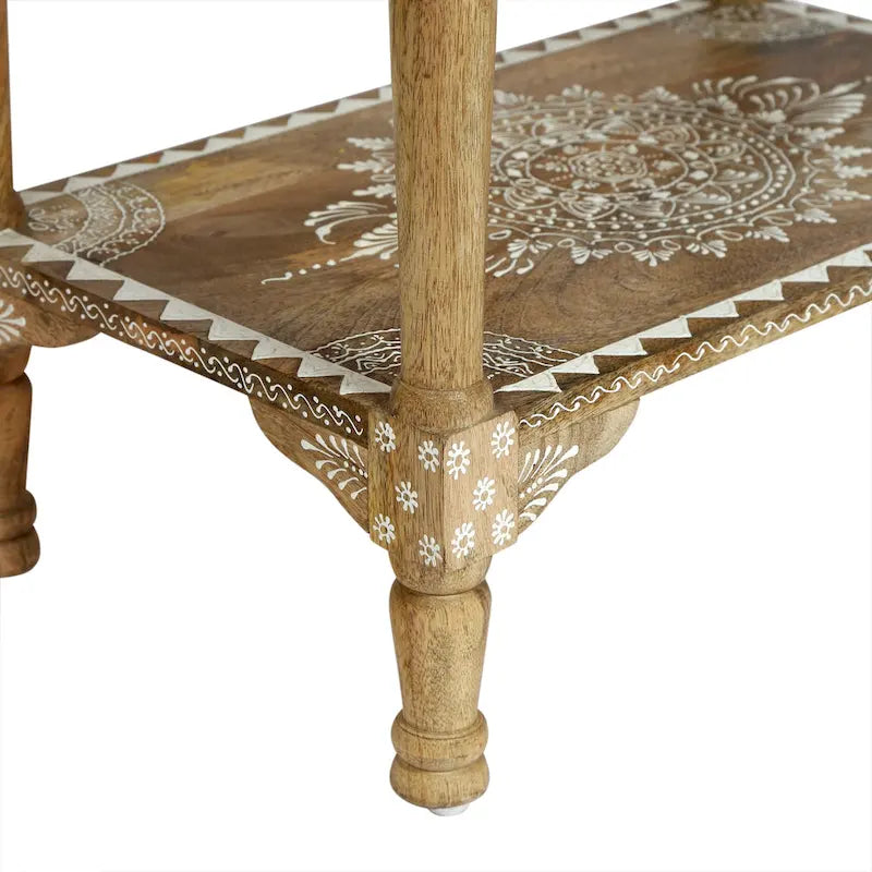 Mesa auxiliar de madera de mango natural, pintada a mano estilo bohemio, 3 cajones, individual
