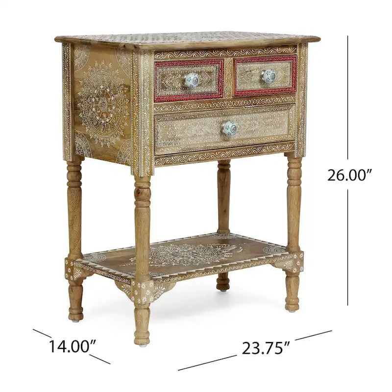 Mesa auxiliar de madera de mango natural, pintada a mano estilo bohemio, 3 cajones, individual