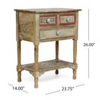 Mesa auxiliar de madera de mango natural, pintada a mano estilo bohemio, 3 cajones, individual