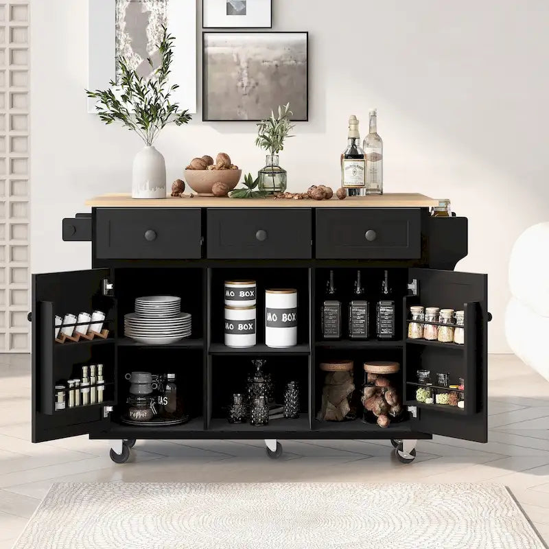 Carro de cocina rodante negro/verde menta/blanco/azul con tabla abatible, 3 cajones y estantes, para 1 persona
