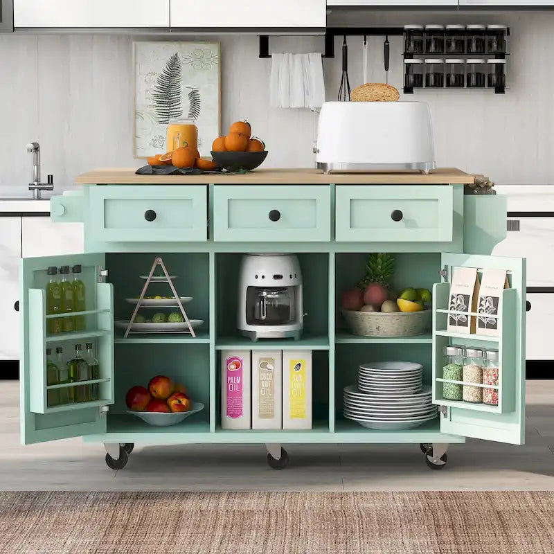 Carro de cocina rodante negro/verde menta/blanco/azul con tabla abatible, 3 cajones y estantes, para 1 persona
