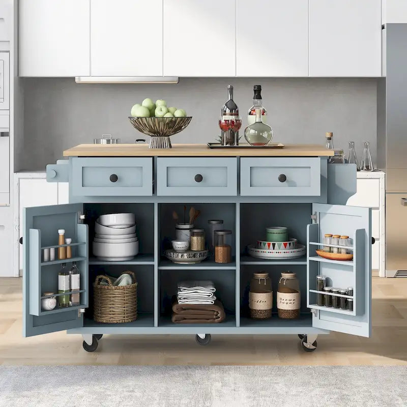 Carro de cocina rodante negro/verde menta/blanco/azul con tabla abatible, 3 cajones y estantes, para 1 persona