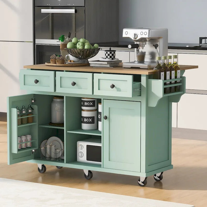 Carro de cocina rodante negro/verde menta/blanco/azul con tabla abatible, 3 cajones y estantes, para 1 persona