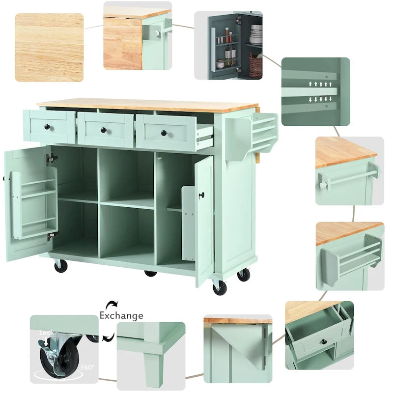 Carro de cocina rodante negro/verde menta/blanco/azul con tabla abatible, 3 cajones y estantes, para 1 persona
