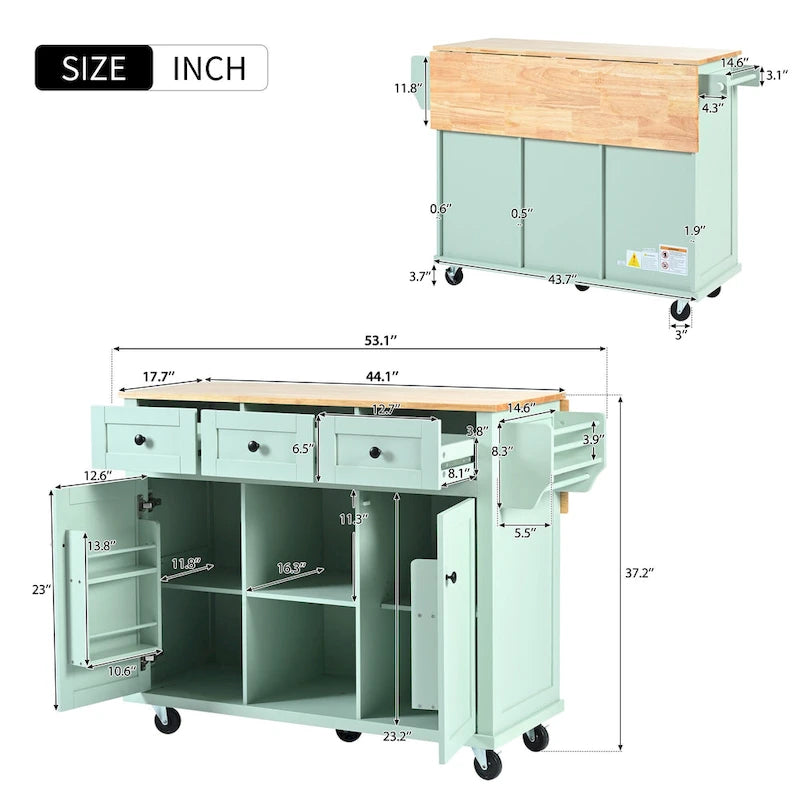 Carro de cocina rodante negro/verde menta/blanco/azul con tabla abatible, 3 cajones y estantes, para 1 persona