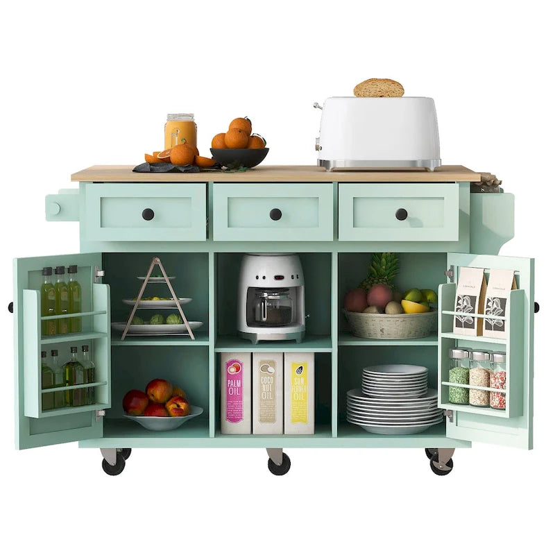 Carro de cocina rodante negro/verde menta/blanco/azul con tabla abatible, 3 cajones y estantes, para 1 persona