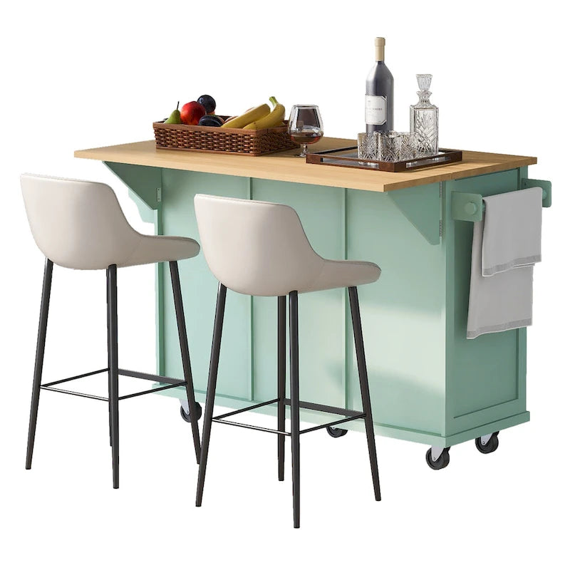 Carro de cocina rodante negro/verde menta/blanco/azul con tabla abatible, 3 cajones y estantes, para 1 persona