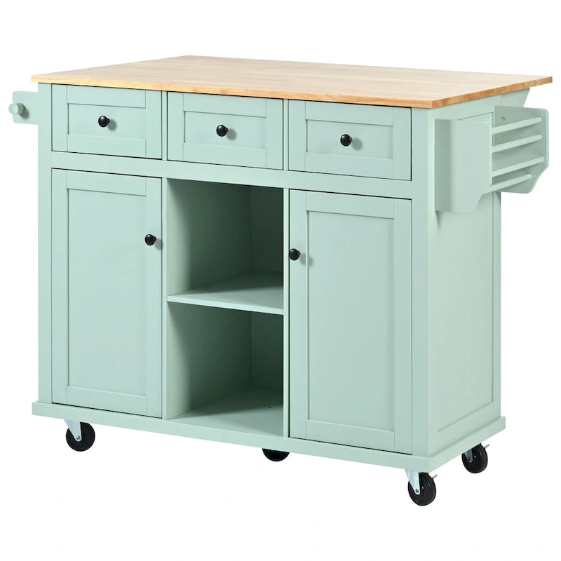 Carro de cocina rodante negro/verde menta/blanco/azul con tabla abatible, 3 cajones y estantes, para 1 persona