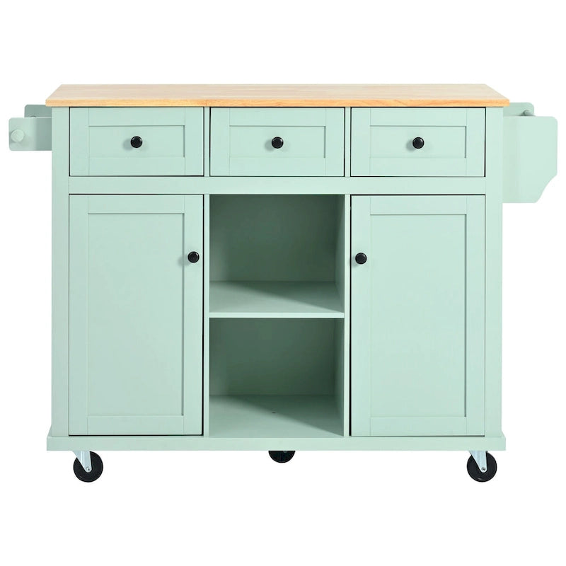 Carro de cocina rodante negro/verde menta/blanco/azul con tabla abatible, 3 cajones y estantes, para 1 persona