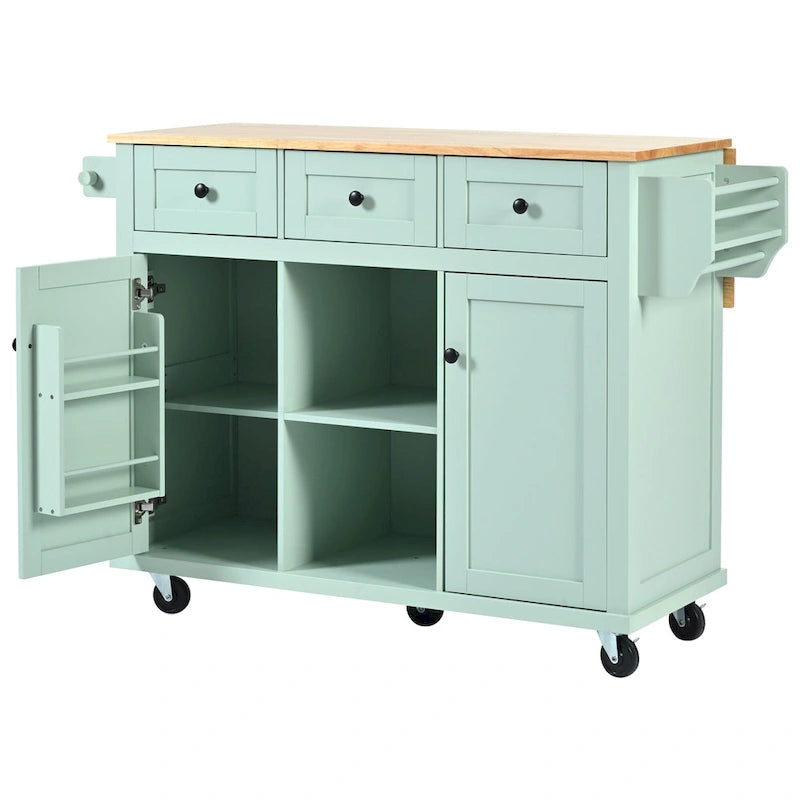 Carro de cocina rodante negro/verde menta/blanco/azul con tabla abatible, 3 cajones y estantes, para 1 persona