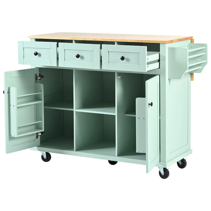 Carro de cocina rodante negro/verde menta/blanco/azul con tabla abatible, 3 cajones y estantes, para 1 persona