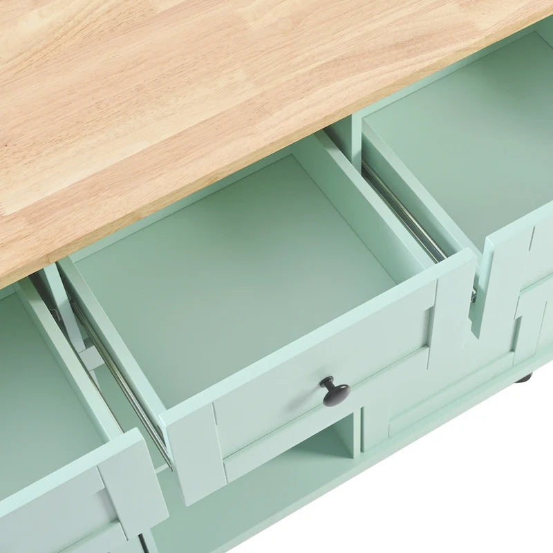 Carro de cocina rodante negro/verde menta/blanco/azul con tabla abatible, 3 cajones y estantes, para 1 persona