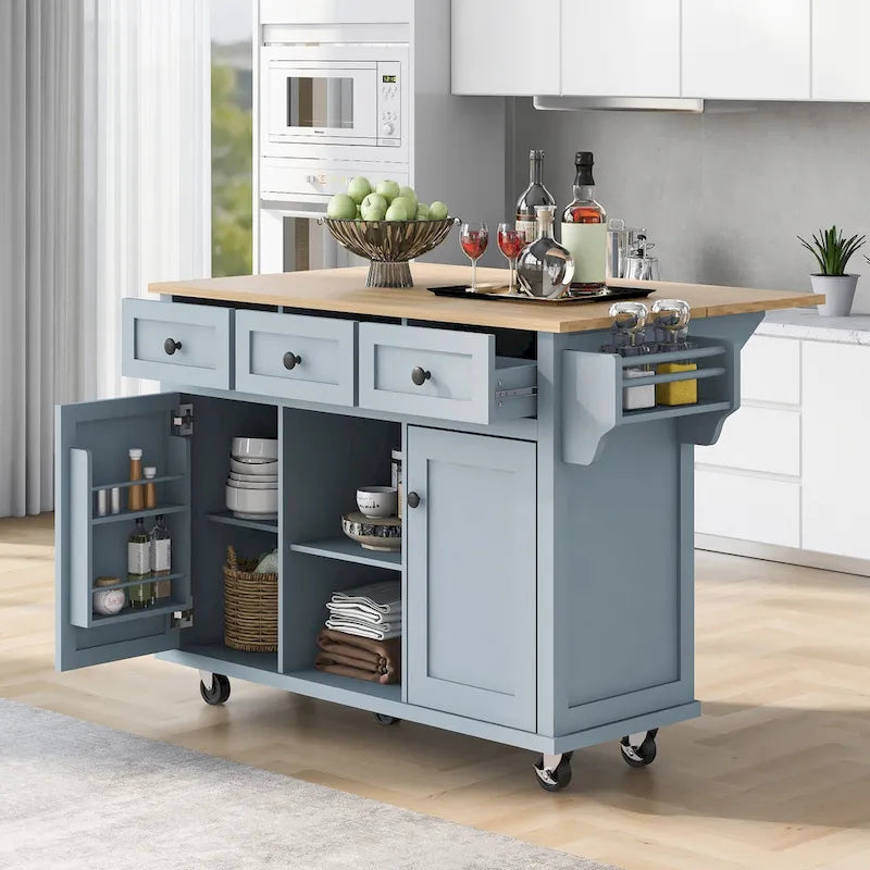 Carro de cocina rodante negro/verde menta/blanco/azul con tabla abatible, 3 cajones y estantes, para 1 persona