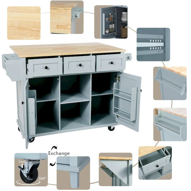 Carro de cocina rodante negro/verde menta/blanco/azul con tabla abatible, 3 cajones y estantes, para 1 persona
