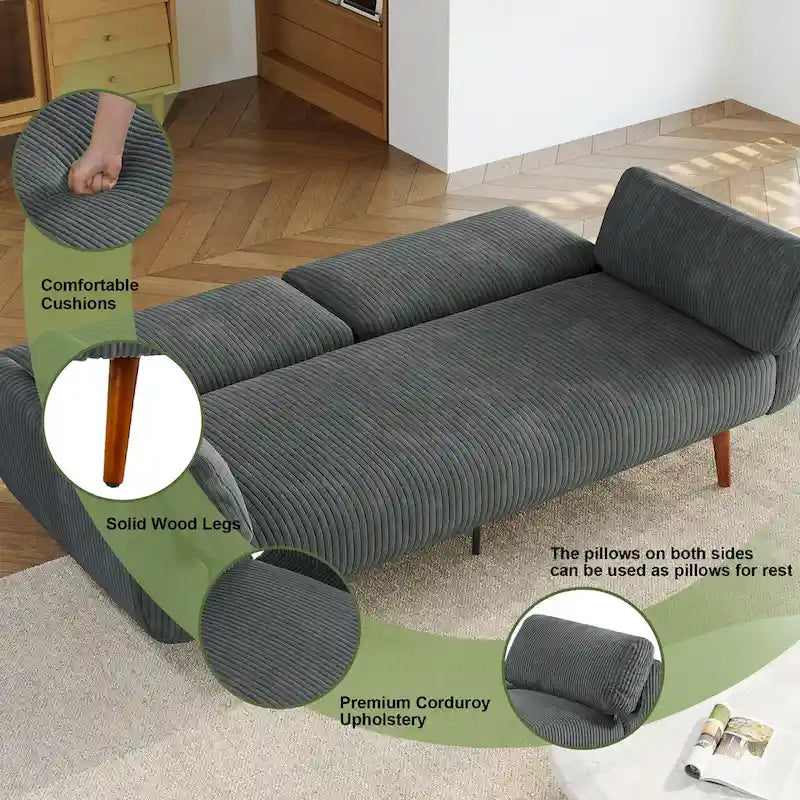 Sofá cama convertible de 2 plazas de pana – Verde / Azul marino / Gris / Beige / Caqui