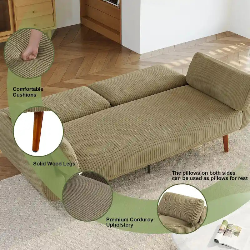 Sofá cama convertible de 2 plazas de pana – Verde / Azul marino / Gris / Beige / Caqui