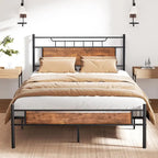Estructura de cama industrial con cabecero de madera – Marrón/Gris pizarra/Negro, Individual/Matrimonial/Queen, 1 persona