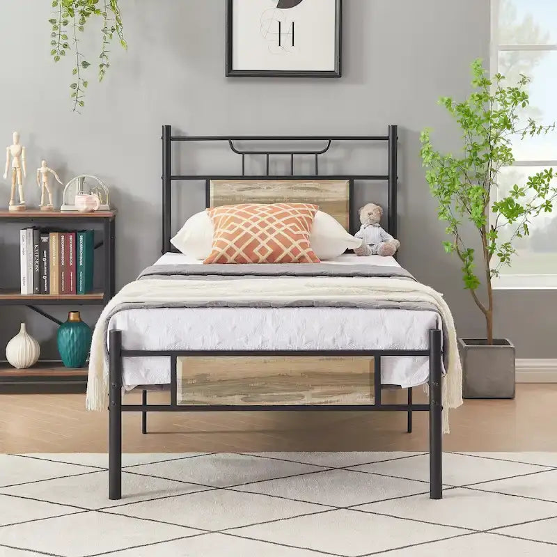 Estructura de cama industrial con cabecero de madera – Marrón/Gris pizarra/Negro, Individual/Matrimonial/Queen, 1 persona