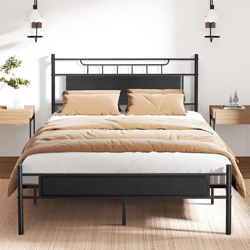 Estructura de cama industrial con cabecero de madera – Marrón/Gris pizarra/Negro, Individual/Matrimonial/Queen, 1 persona