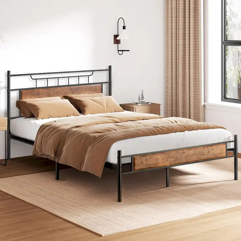 Estructura de cama industrial con cabecero de madera – Marrón/Gris pizarra/Negro, Individual/Matrimonial/Queen, 1 persona