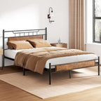 Estructura de cama industrial con cabecero de madera – Marrón/Gris pizarra/Negro, Individual/Matrimonial/Queen, 1 persona