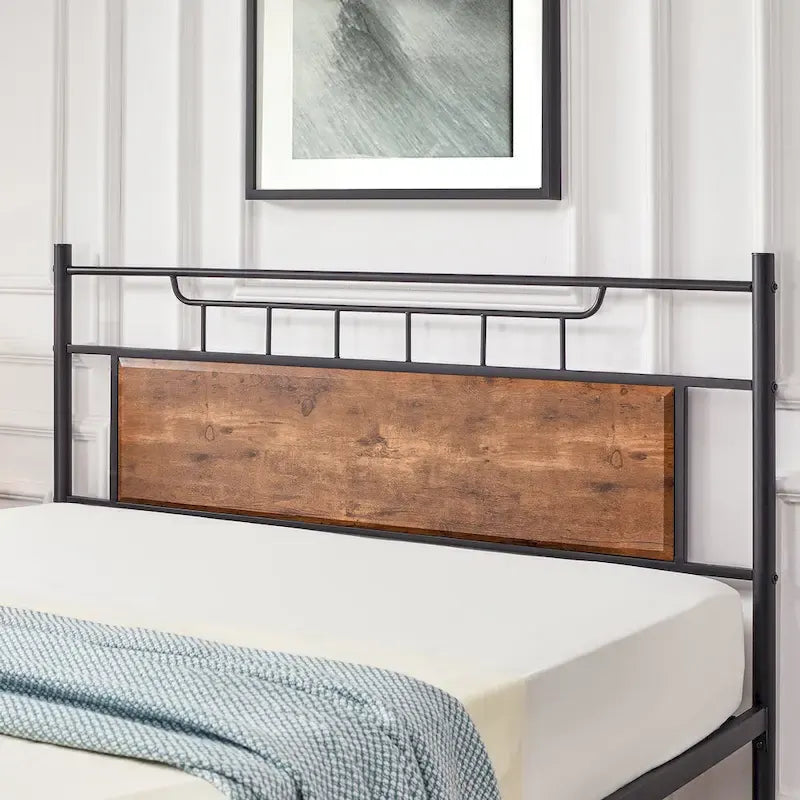 Estructura de cama industrial con cabecero de madera – Marrón/Gris pizarra/Negro, Individual/Matrimonial/Queen, 1 persona