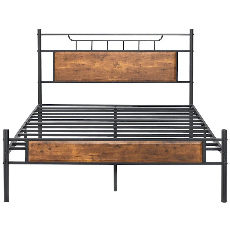 Estructura de cama industrial con cabecero de madera – Marrón/Gris pizarra/Negro, Individual/Matrimonial/Queen, 1 persona