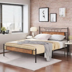 Estructura de cama industrial con cabecero de madera – Marrón/Gris pizarra/Negro, Individual/Matrimonial/Queen, 1 persona